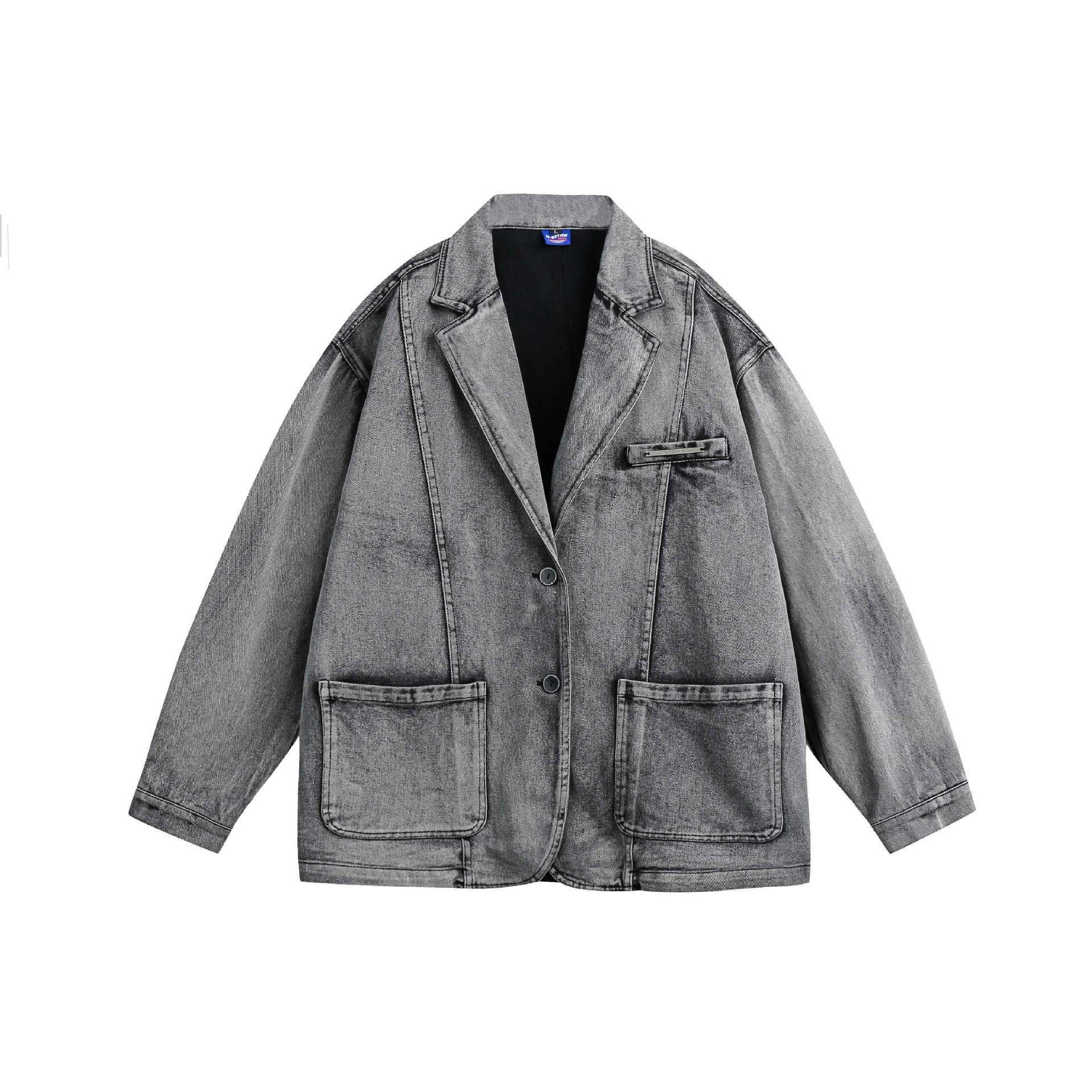 Unisex Oversized Denim Jacket in Vintage Wash with Lapel Collar and Patch Pockets Chichicherry