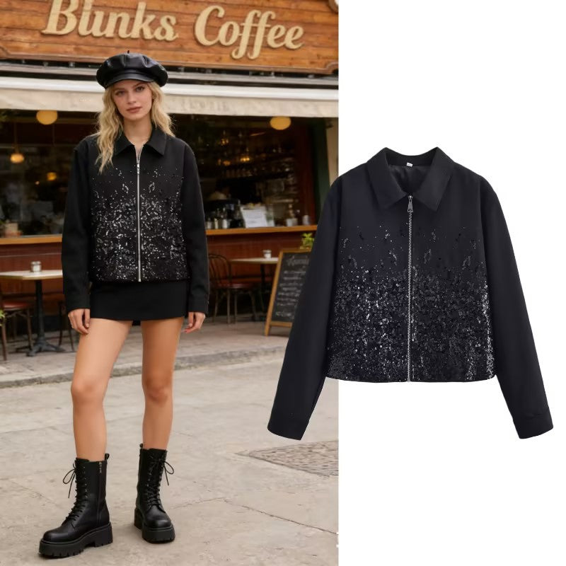Women's short jacket with full-length zipper and gradient sequin trim Chichicherry
