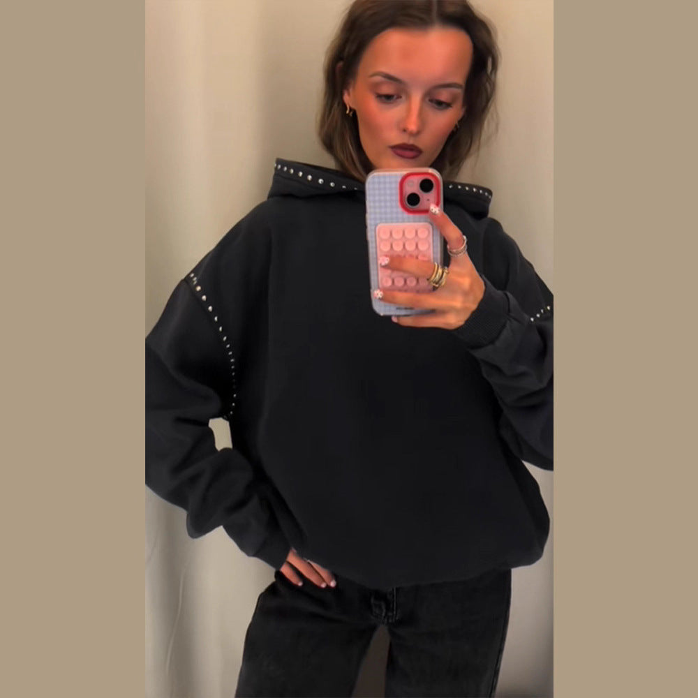 Women's Oversized Hooded Sweater with Studded Trim and Balloon Sleeves Chichicherry