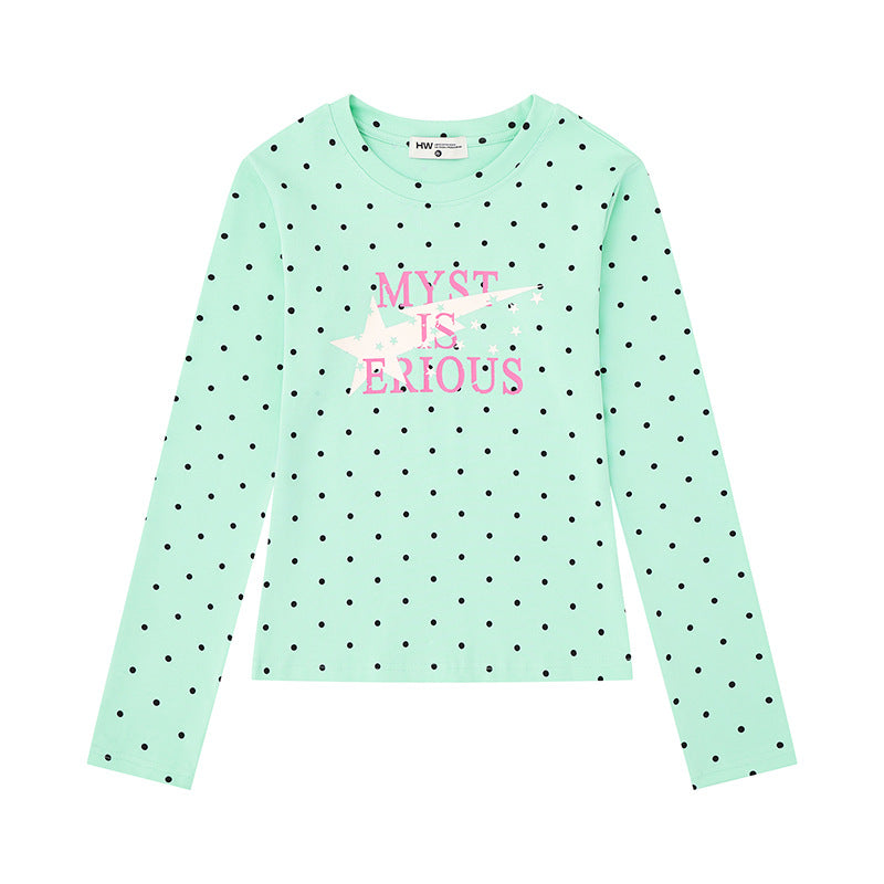 Women's long sleeve shirt with V-neck, polka dots and statement print made of cotton jersey Chichicherry