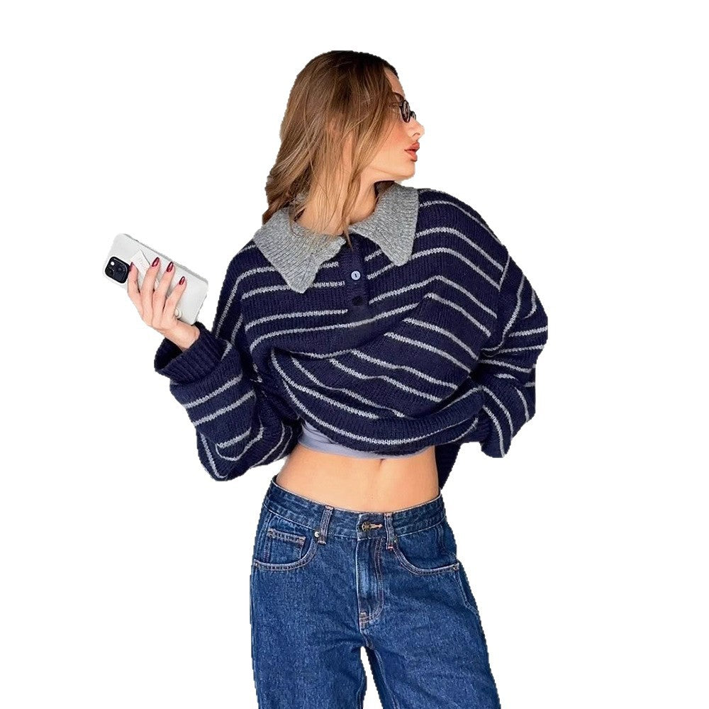 Women's Oversized Knit Sweater with Polo Collar & Stripe Pattern Chichicherry