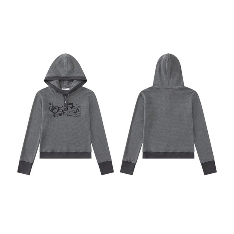 Ladies hooded henley pullover made of lightweight striped jersey with music print Chichicherry