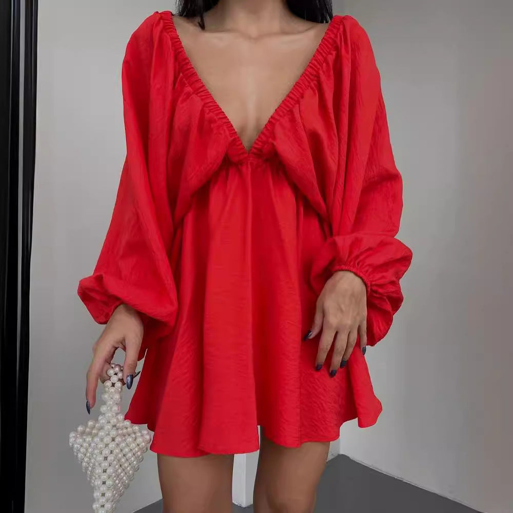 Damen Lockeres Minikleid mit tiefem V-Ausschnitt und Ballonärmeln Chichicherry