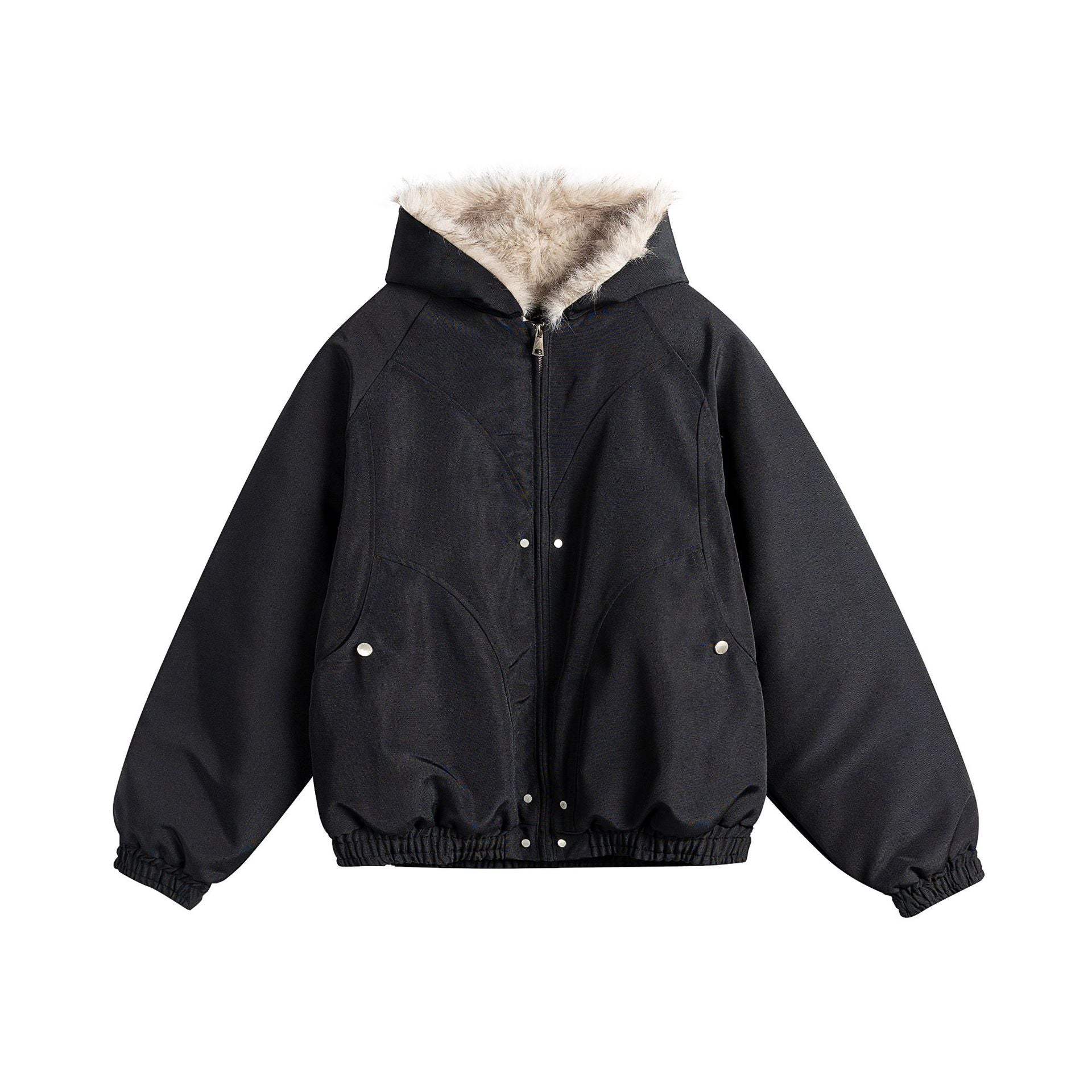 Women Short Cut Camouflage Transition Jacket with Faux Fur Hood and Elastic Hem Chichicherry