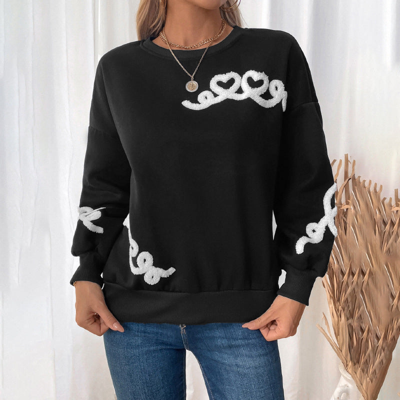 Women's Casual Oversized Sweatshirt with Chenille Heart Appliqué, Round Neck and Ribbed Cuffs Chichicherry