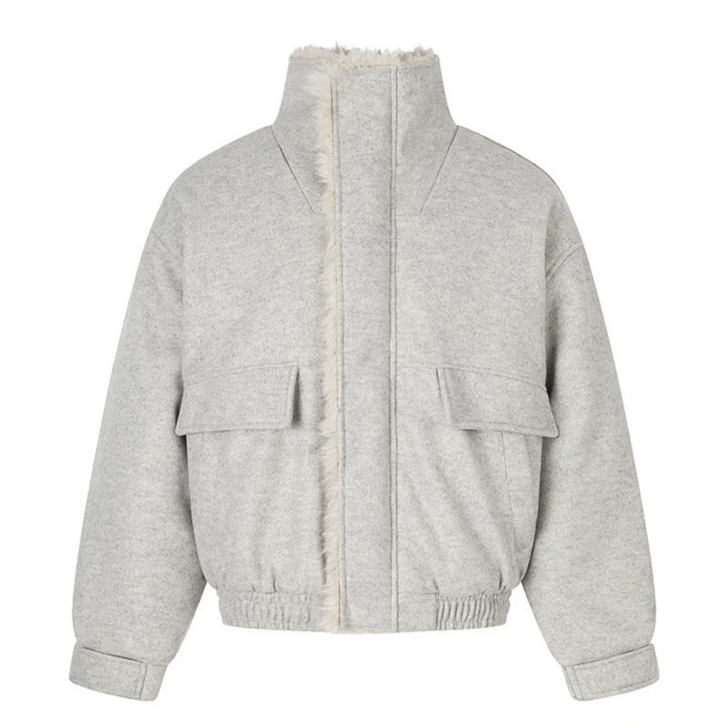 Women's short quilted blouson jacket with faux fur lining, stand-up collar, and patch pockets Chichicherry