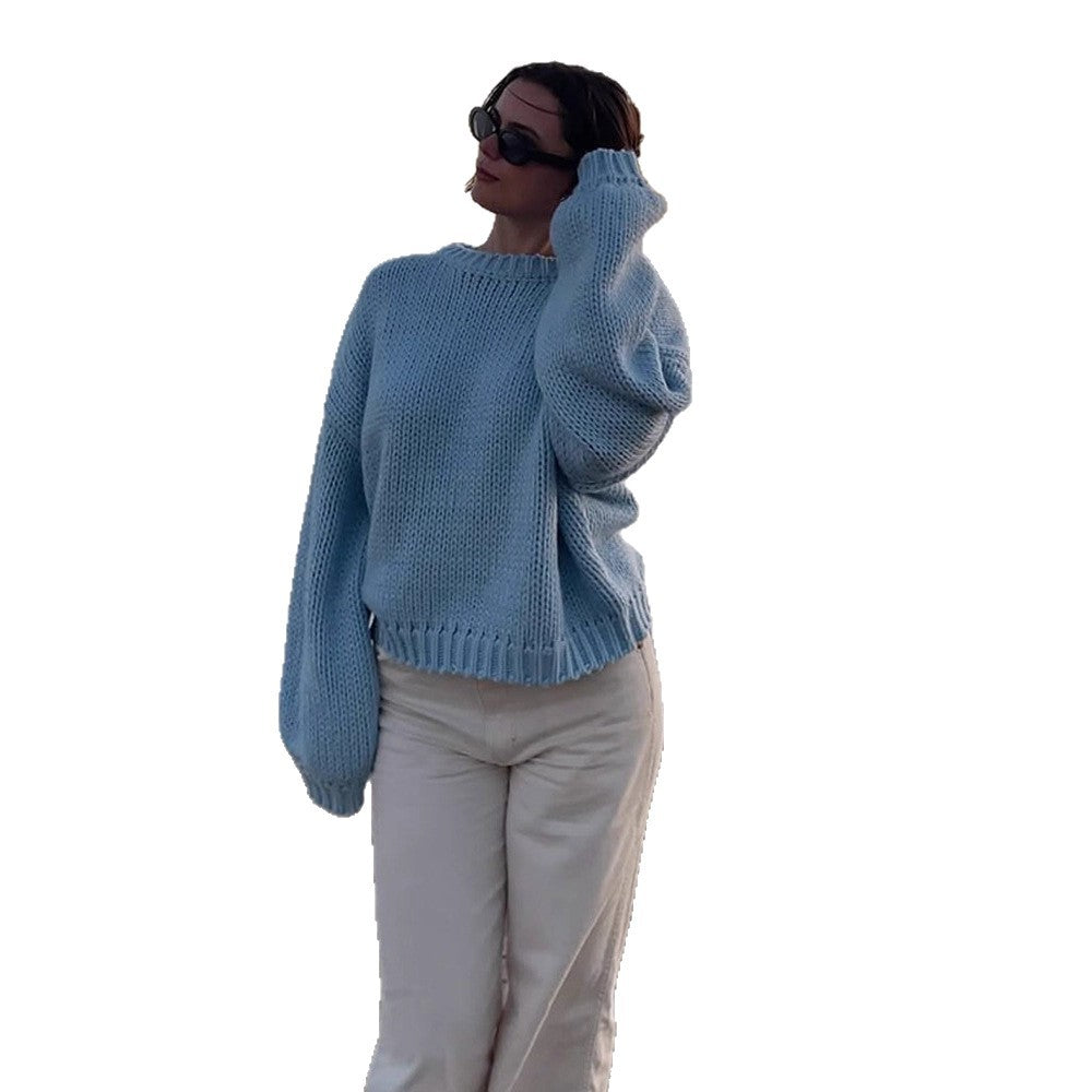 Women Oversize Chunky Knit Sweater with Balloon Sleeves and Wide Ribbed Collar Chichicherry