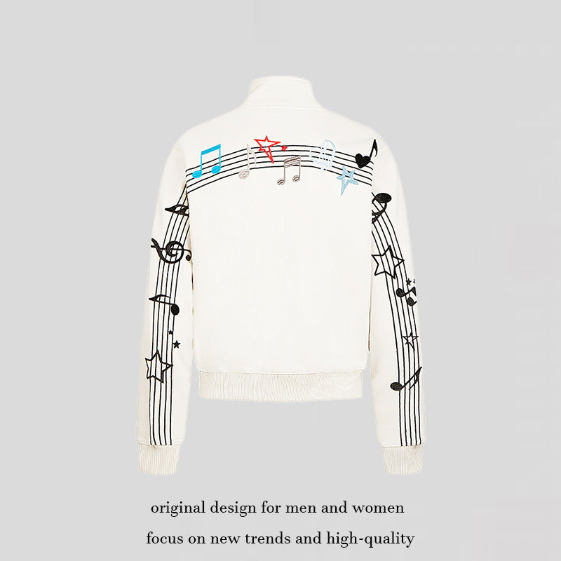 Women’s cropped stand-up collar sweat jacket with note and star embroidery Chichicherry