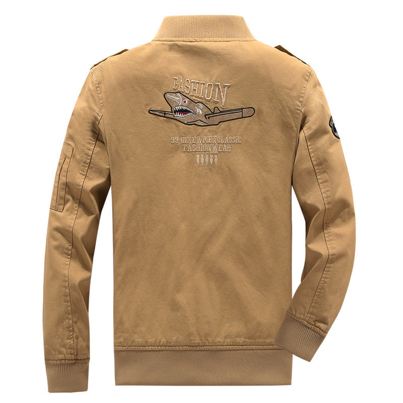 Men's Canvas-Field-Bomber Jacket with Embroidered Patches and Sleeve Utility Pocket Chichicherry