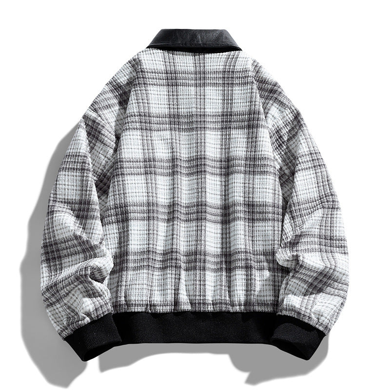Men's Checkered Overshirt Jacket with Contrasting Faux Leather Collar and Ribbed Cuffs Chichicherry