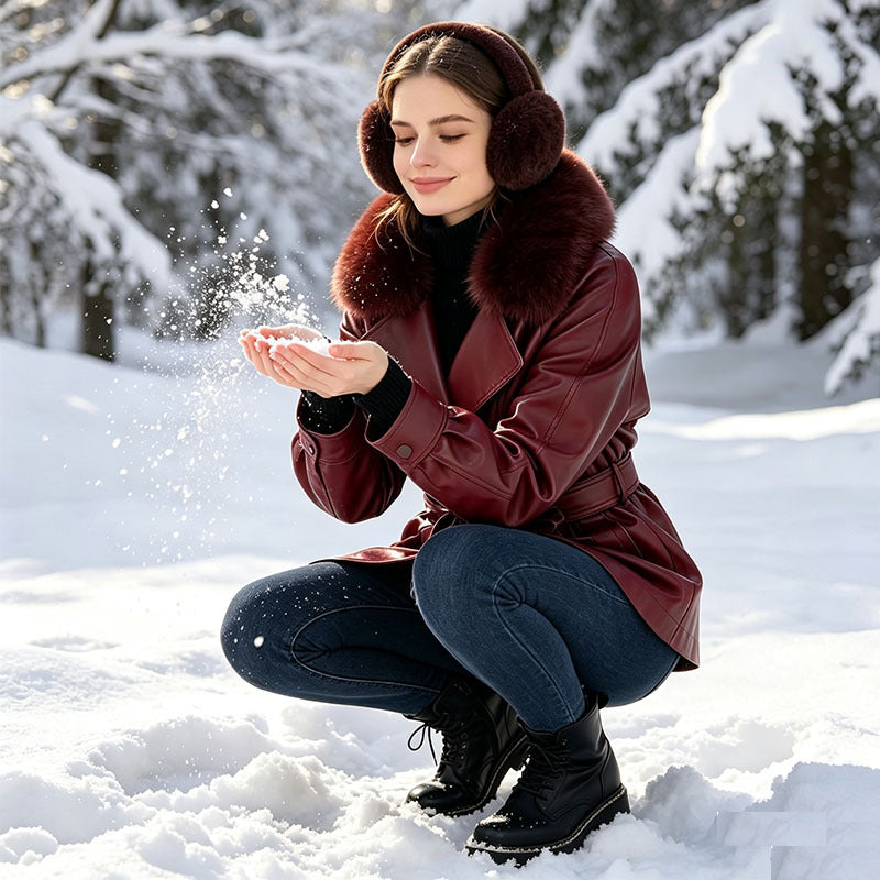 Ladies short coat made of faux leather with removable faux fur collar and waist belt Chichicherry