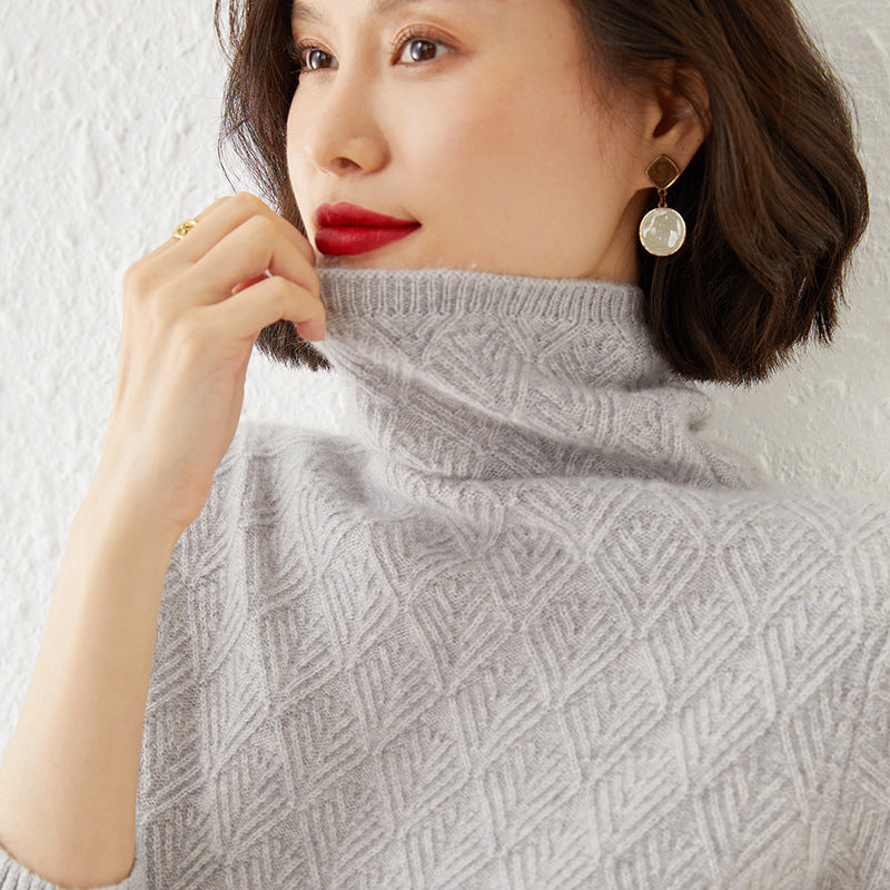Women's Luxurious Mohair-Mix Turtleneck Sweater with Diamond-Structured Ajour Design Chichicherry