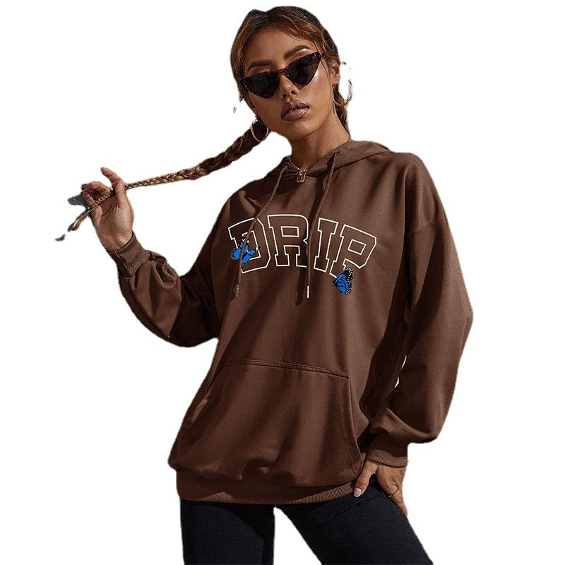Women's Oversized Hoodie with Kangaroo Pocket and Butterfly Embroidery Chichicherry