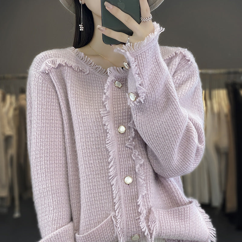 Women's knitted cardigan with fringe trim, mother-of-pearl button placket and patch pockets Chichicherry