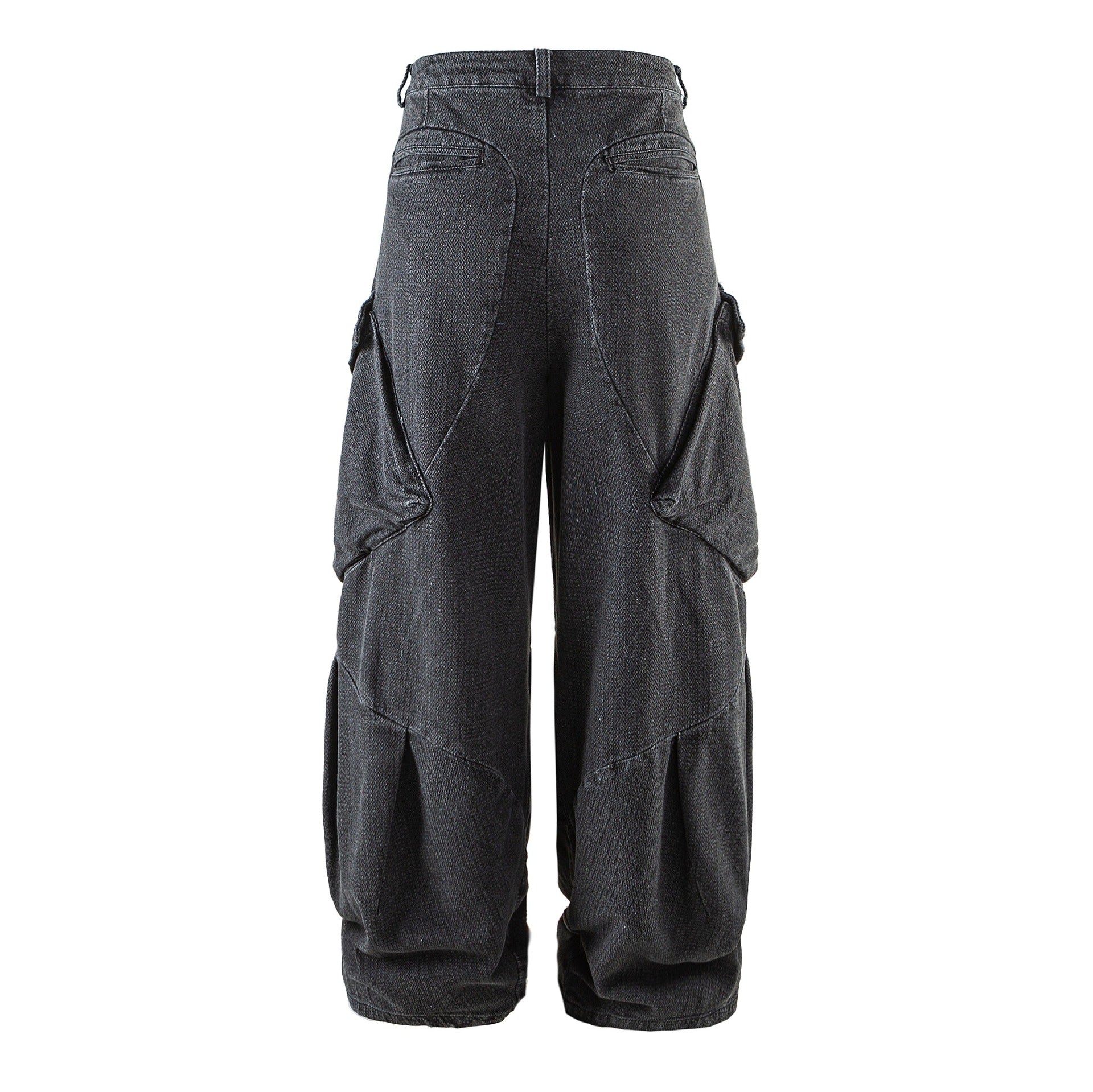 Women Wide Cargo Jeans Pants with High Waist, Distinctive Partial Seams and Decorative Pockets Chichicherry
