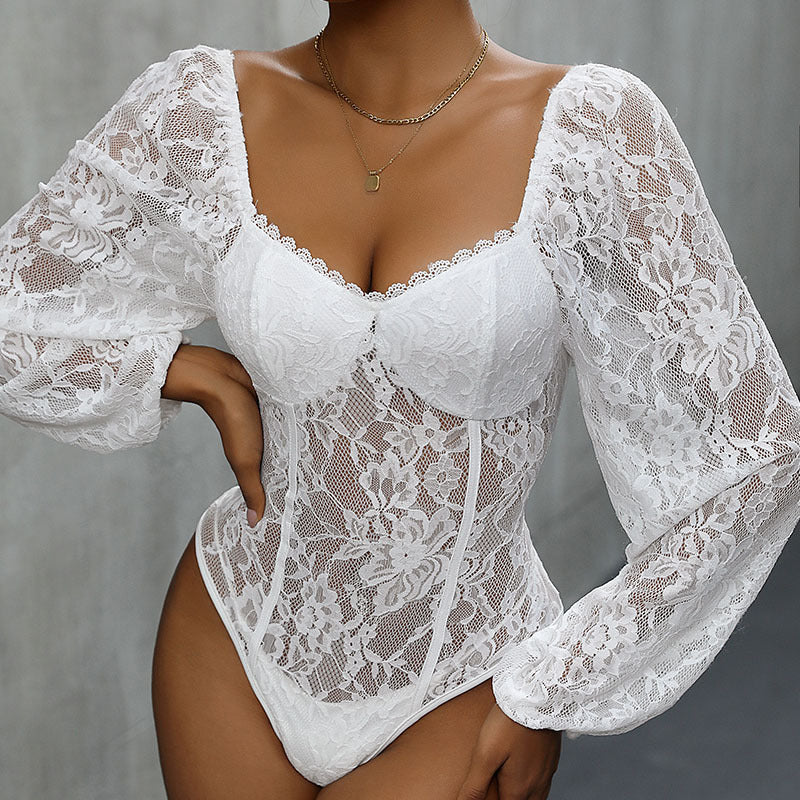 Ladies Lace Corset with Heart Cutout, Integrated Cups and Transparent Puff Sleeves Chichicherry