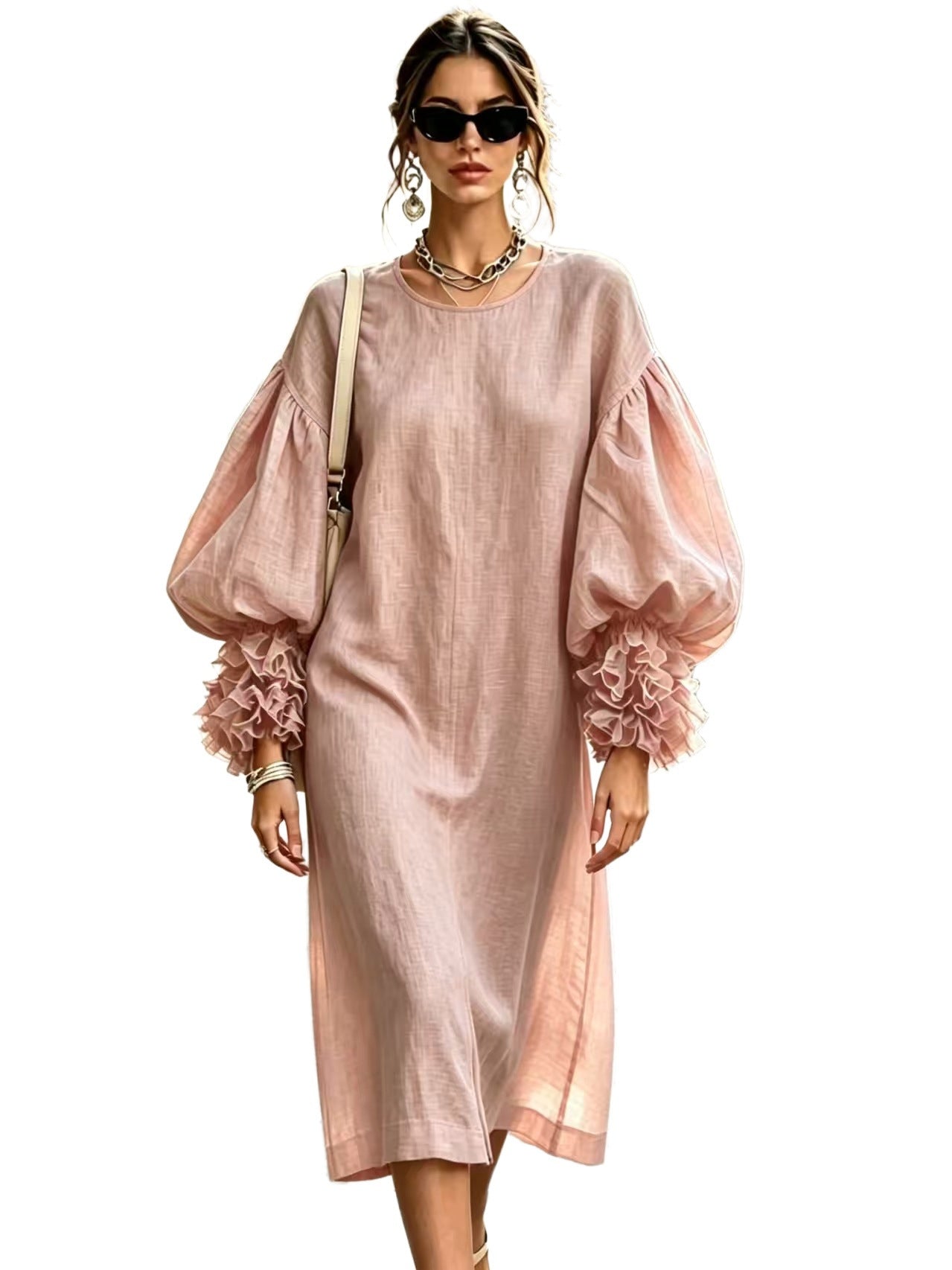 Women's midi dress in linen look with voluminous balloon sleeves and ruffled cuffs Chichicherry