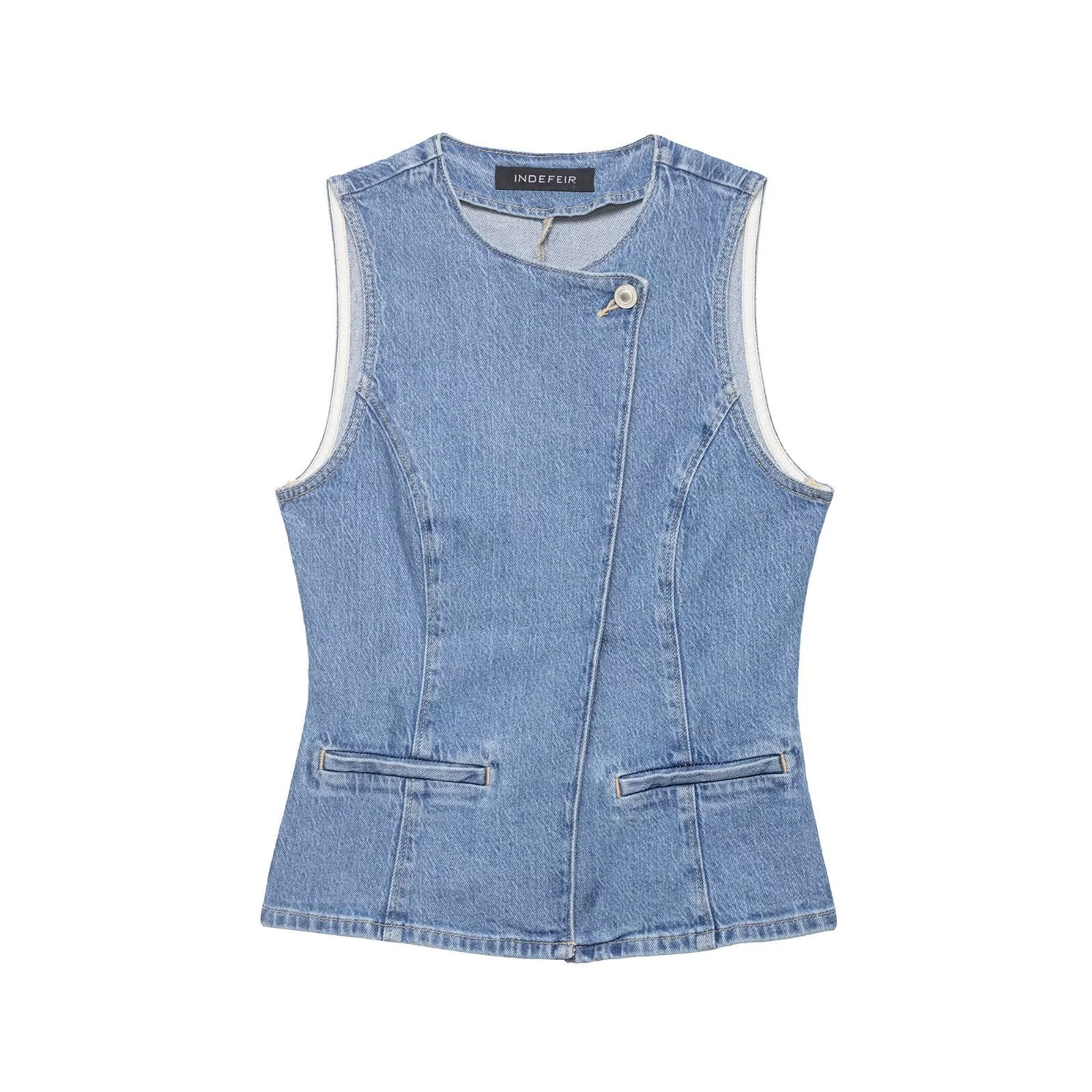 Women Tailored Denim Vest with Asymmetrical Button Placket and Princess Seams Chichicherry