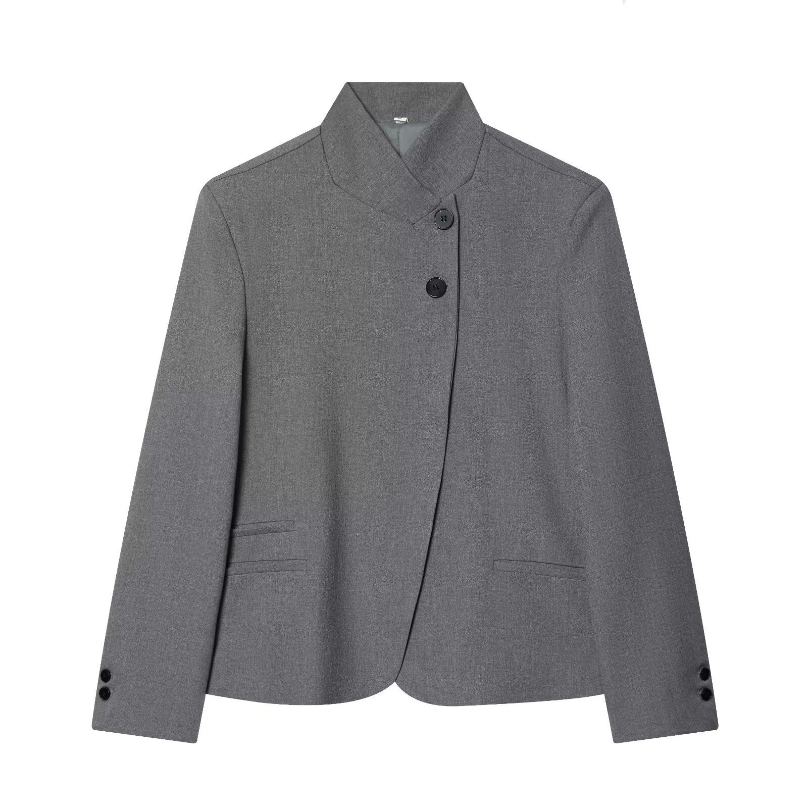 Women Tailored Blazer with Stand-up Collar and Concealed Button Placket Chichicherry