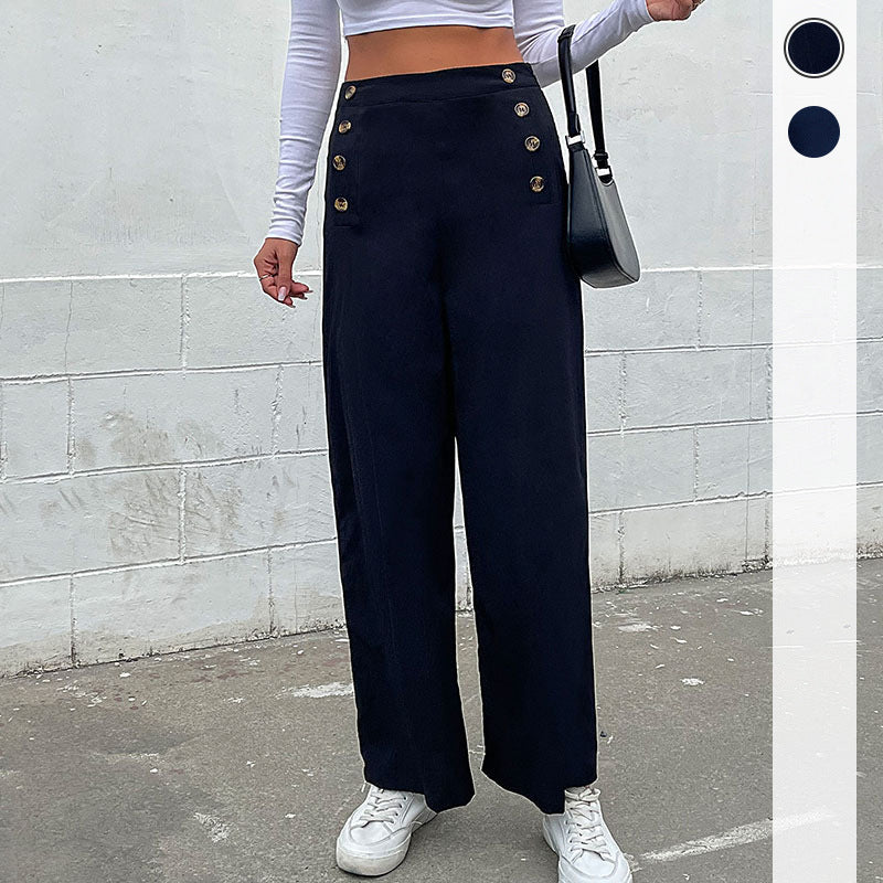 Women's High-Waisted Wide-Leg Pants with Maritime-Inspired Decorative Button Placket Chichicherry