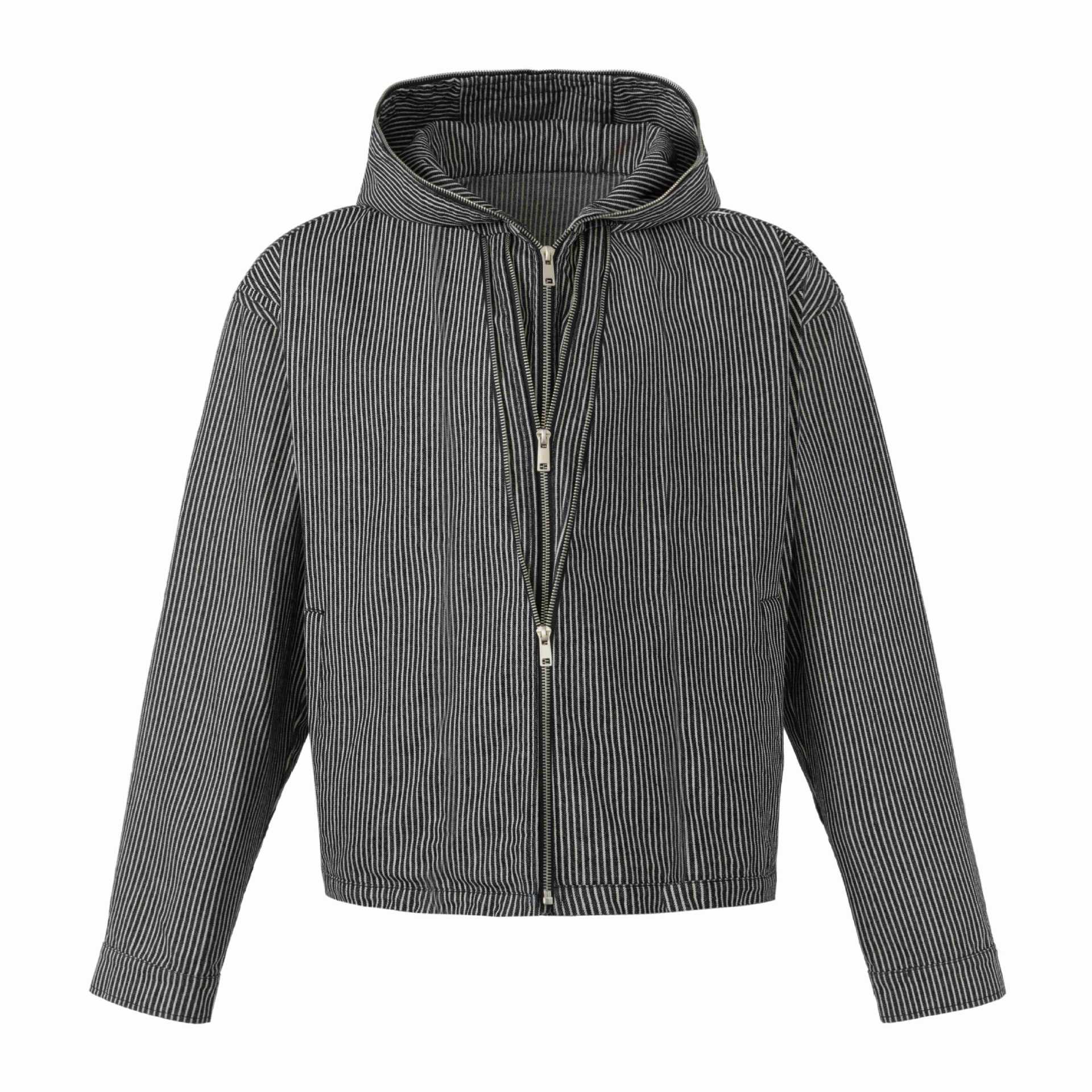 Unisex Striped Hoodie Blouson Jacket with Double Zipper and Elastic Hem Chichicherry