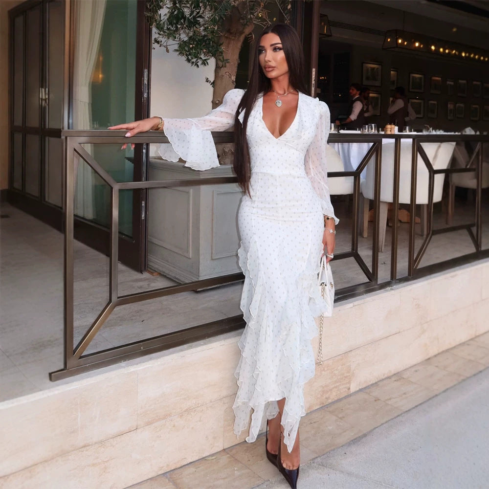 Women's chiffon maxi dress with deep V-neck, transparent bell sleeves and tiered ruffles Chichicherry