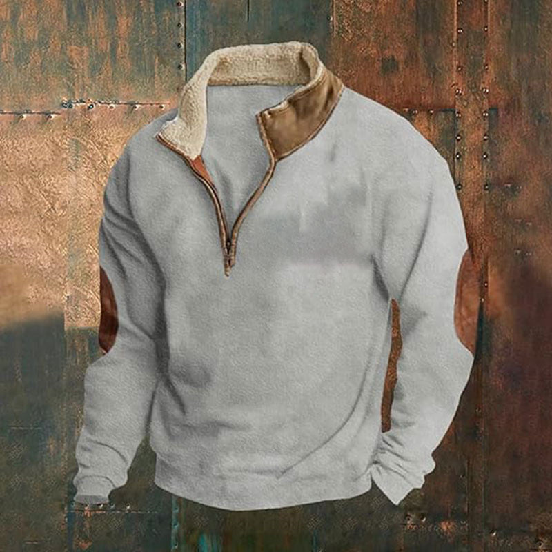 Men Cord-Optic Half-Zip Sweater with Teddy Collar and Elbow Patches Chichicherry