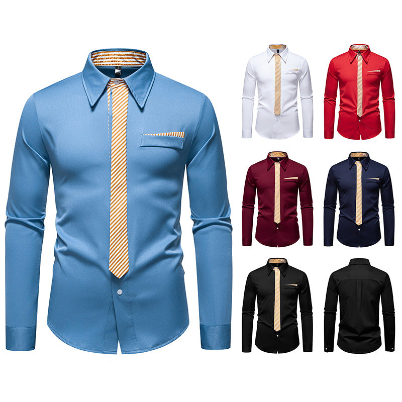 Men's Slim-Fit Business Shirt with Integrated Tie Look and Chest Pocket Chichicherry