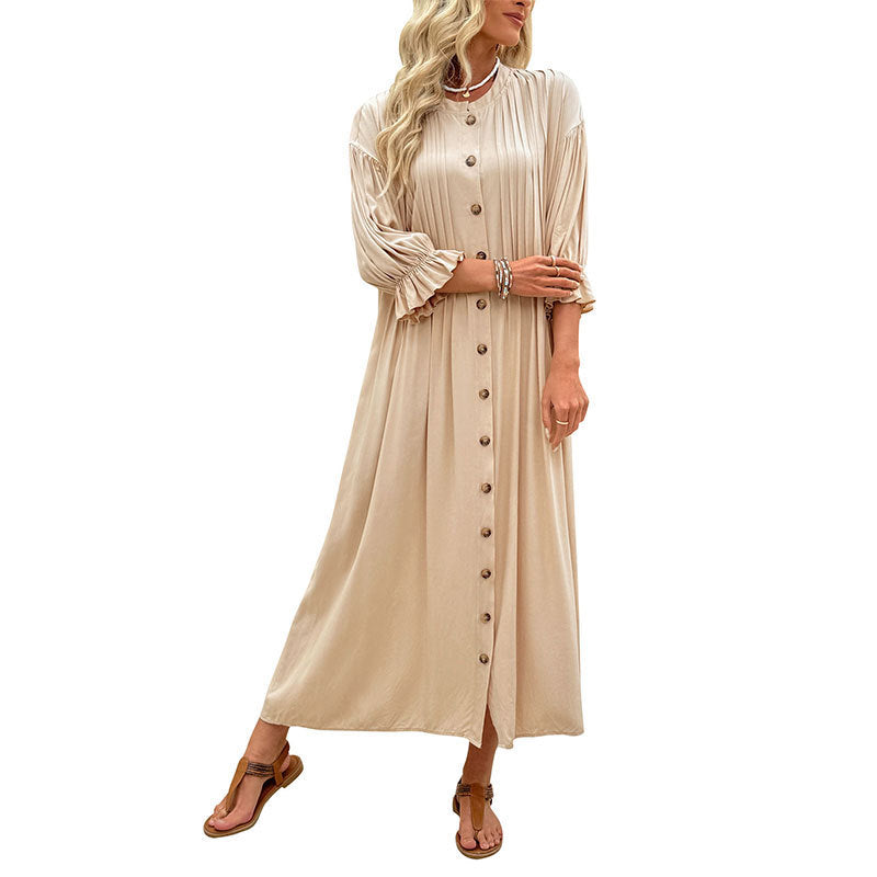 Women's maxi dress with full button placket, pleated bodice and ruffle sleeves