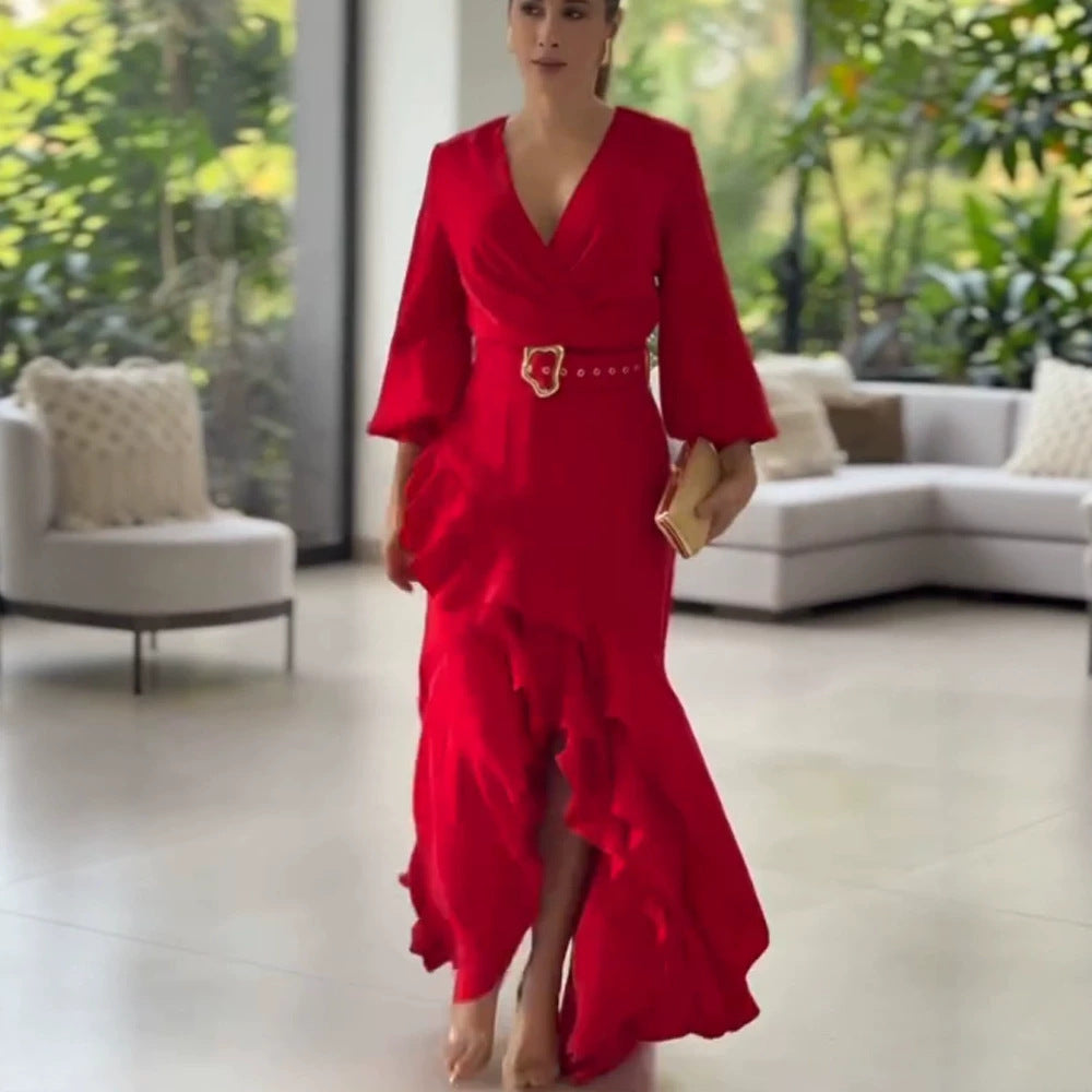 Women's Elegant Wrap Maxi Dress with Ruffles, Fitted Belt & Wide Bell Sleeves Chichicherry