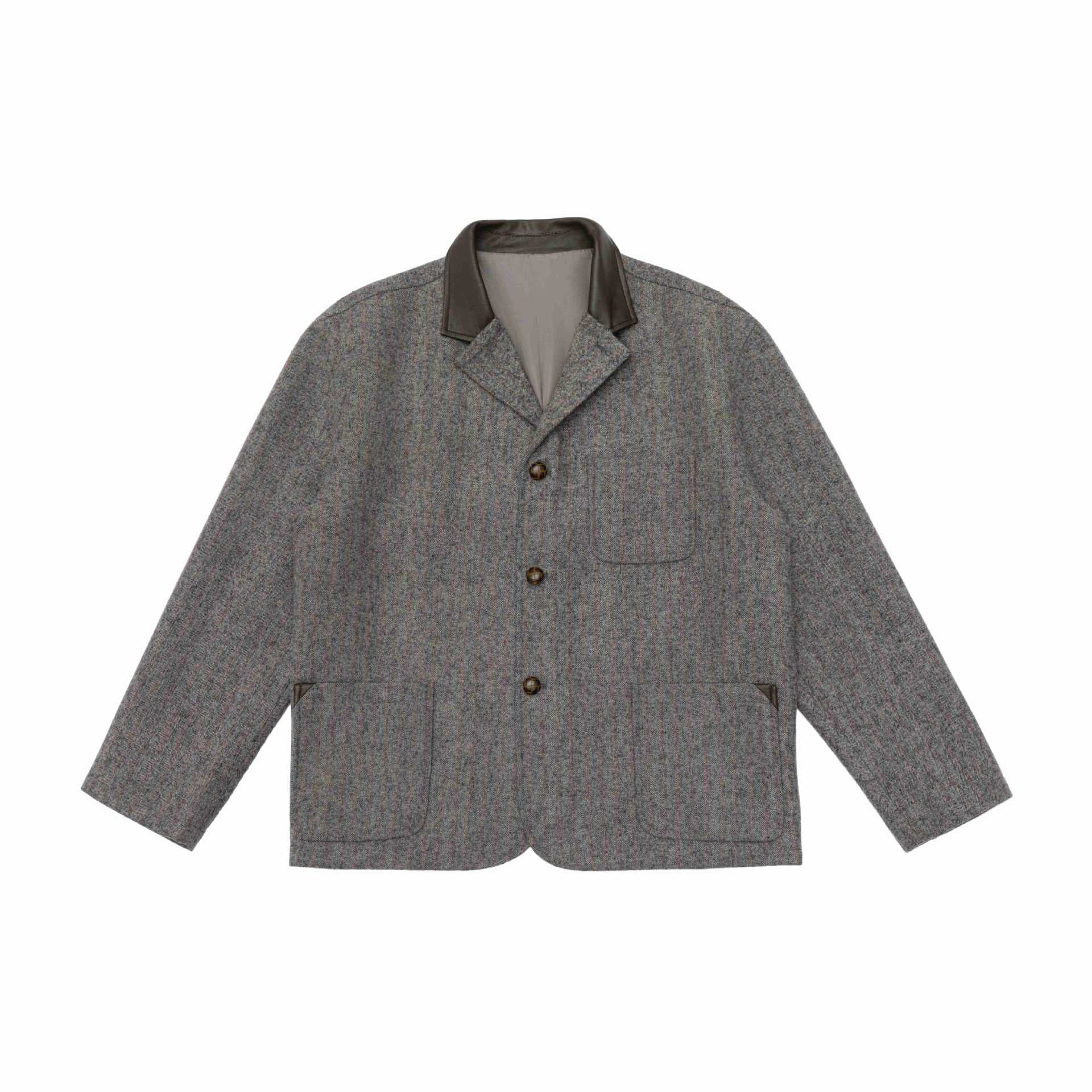 Men's Glencheck Blouson Jacket with Leather Collar and Large Flap Pockets Chichicherry