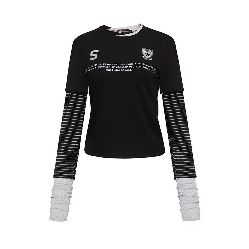 Women's Layered Look Long Sleeve Shirt with Striped Insert Sleeves and Badge Chichicherry