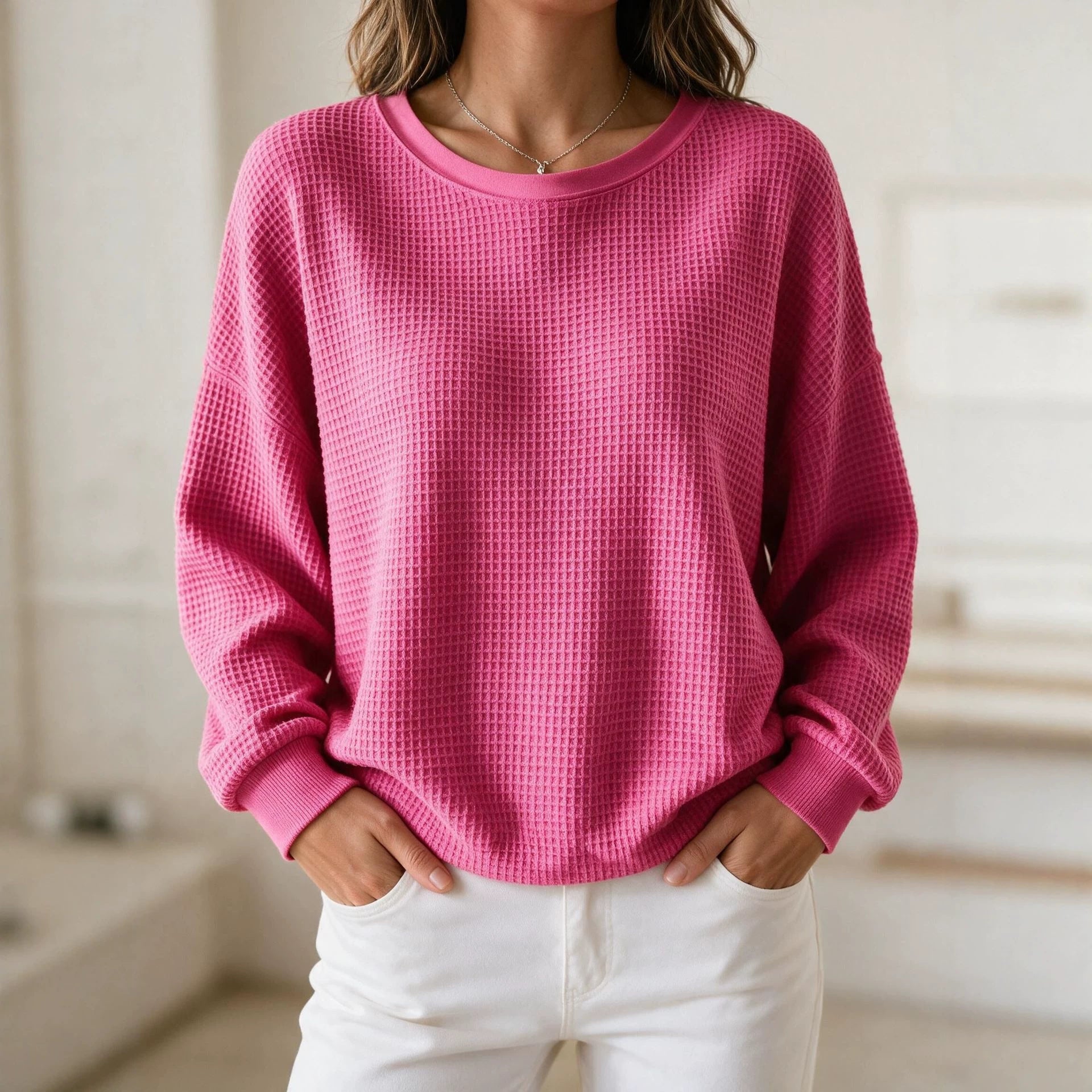 Damen Oversize Waffelstrick-Sweatshirt mit Rundhalsausschnitt Chichicherry