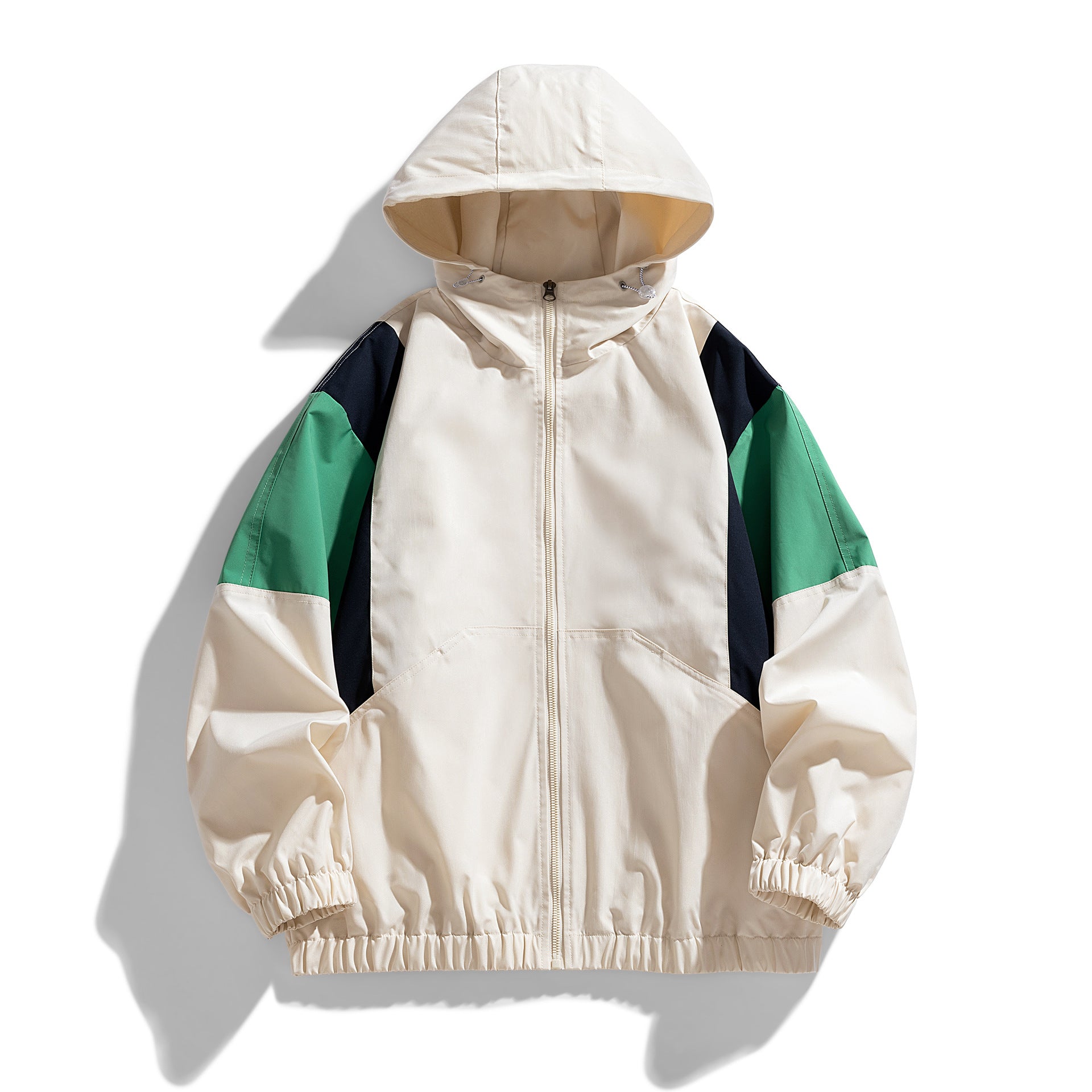 Men's Colorblock Windbreaker Hooded Jacket with Zipper and Elastic Hem Chichicherry
