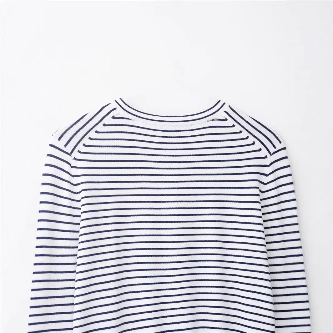 Women's fine knit cardigan with nautical striped pattern, round neckline and mother-of-pearl button placket Chichicherry