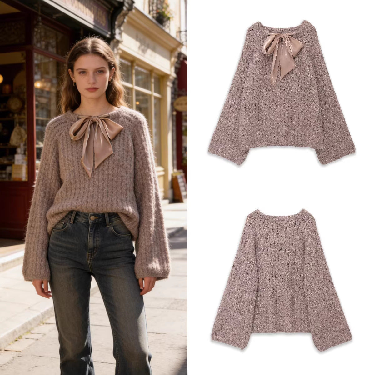 Women Oversize Mohair-Optics Knit Sweater with Back Bow Chichicherry