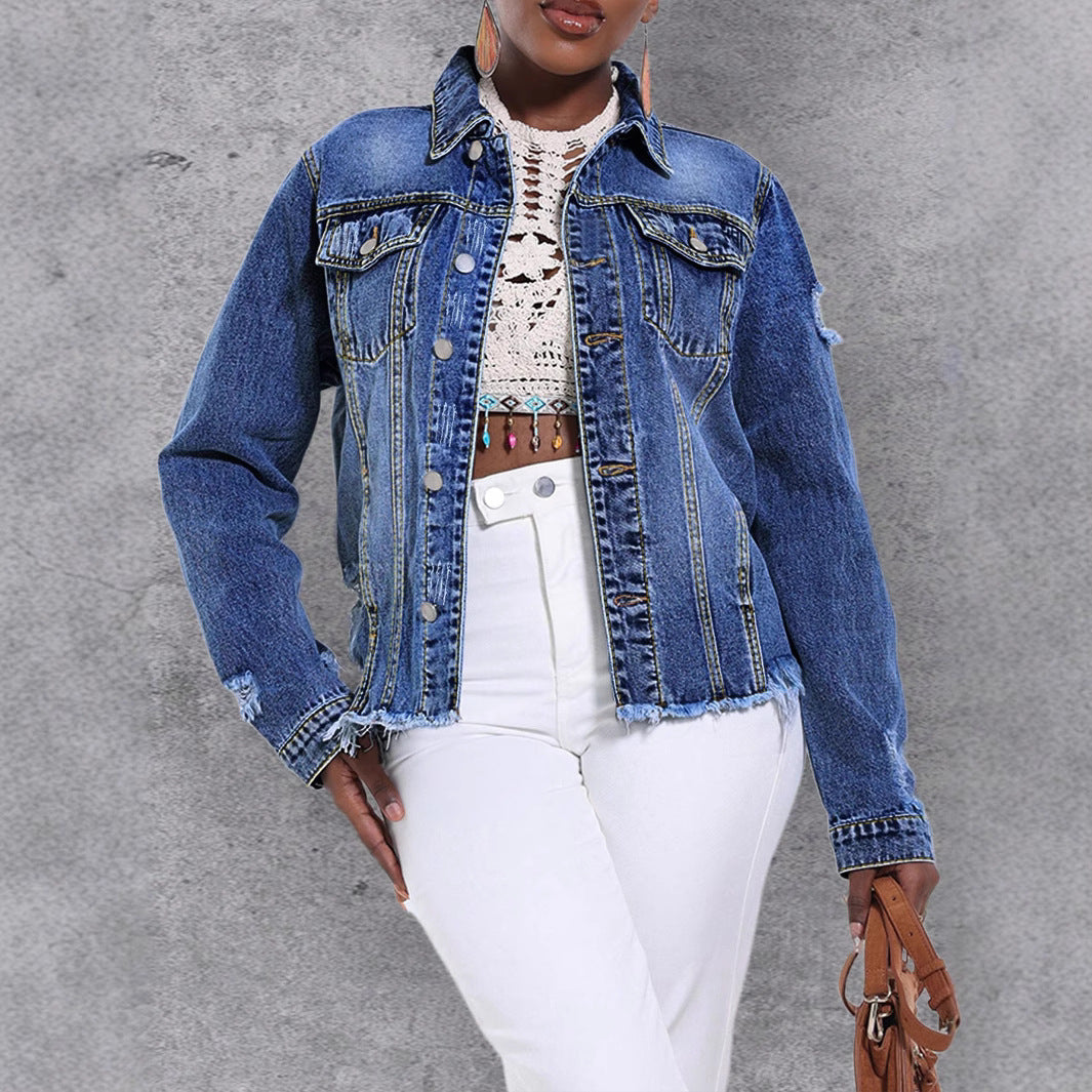 Women's Casual Denim Jacket with Distressed Details, Patch Chest Pockets and Frayed Hem Chichicherry