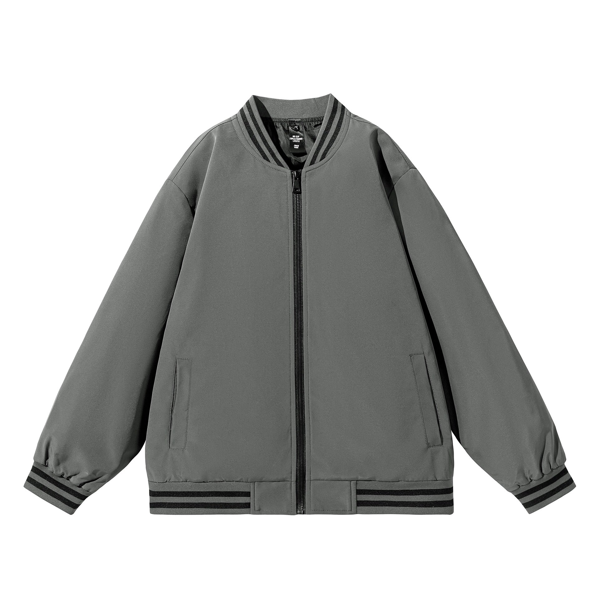 Men's Wide Oversized Bomber Jacket in Utility Look with Striped Ribbed Cuffs and Full-length Zipper Chichicherry