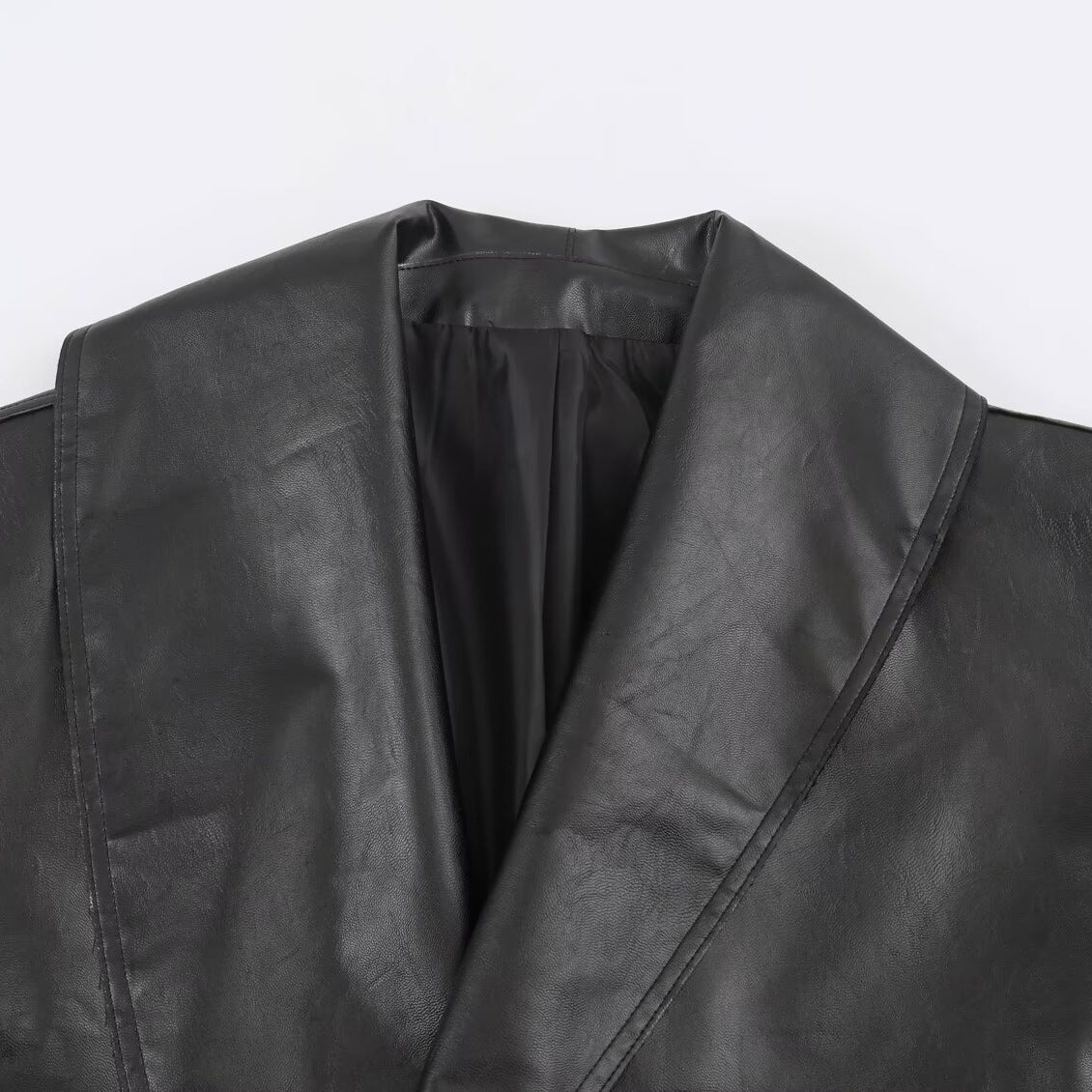 Women's Cropped Leather-Look Jacket with Oversized Shawl Collar and Tailoring Buckle Belt Chichicherry