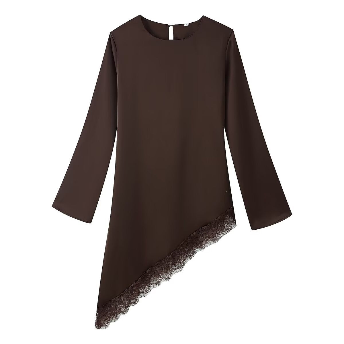 Women's Asymmetrical Long Sleeve Tunic with Lace Trim and Asymmetrical Hem Chichicherry