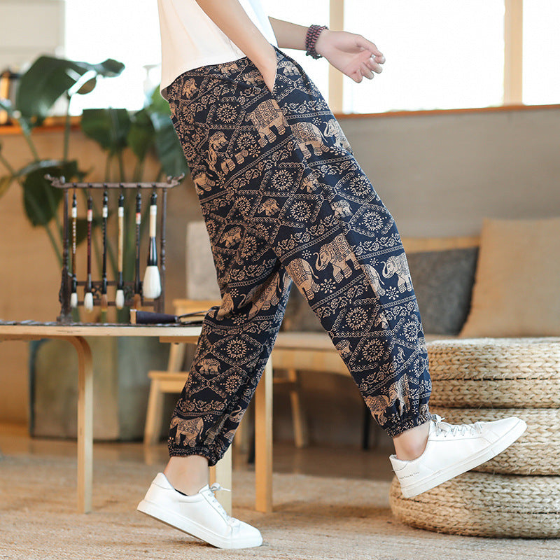 Men's Wide Harem Pants in Boho Print with Elastic Drawstring and Ruffled Anklebands Chichicherry