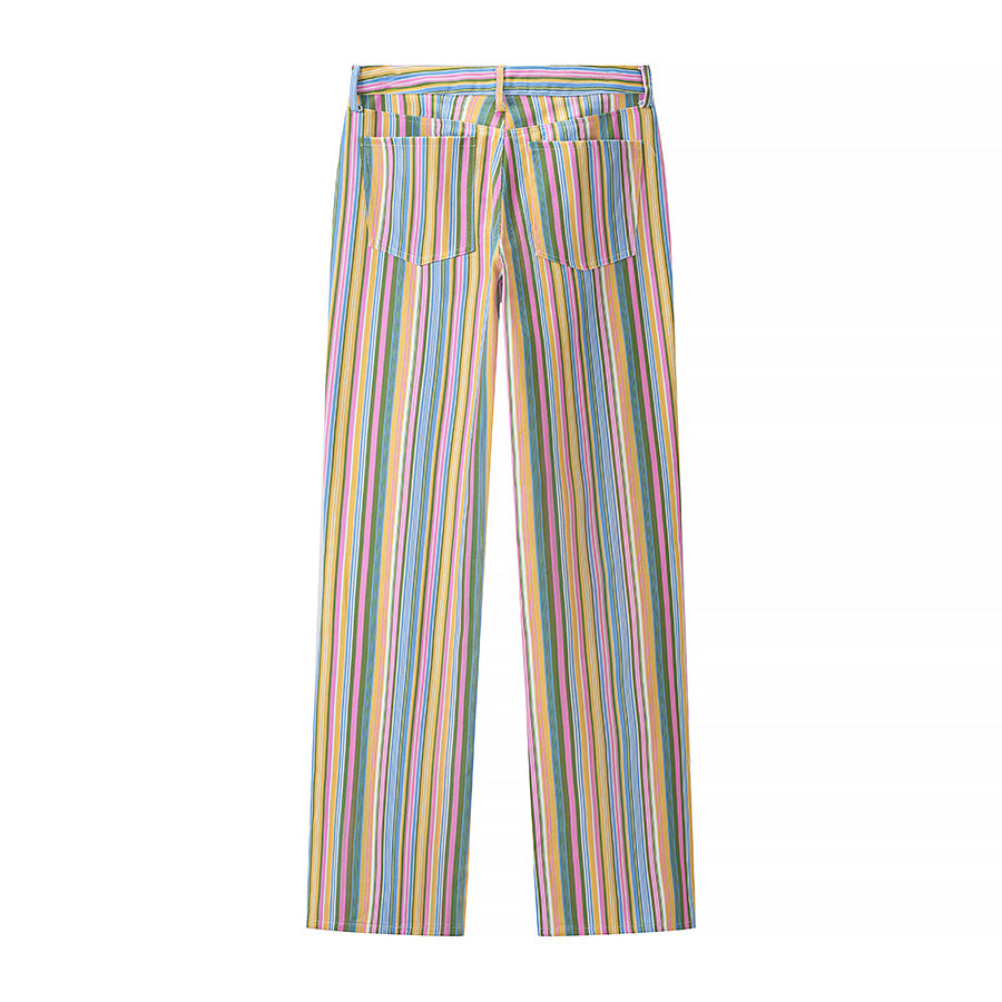 Women's Striped Straight Cut Pants with High Waist and Five-Pocket Design Chichicherry