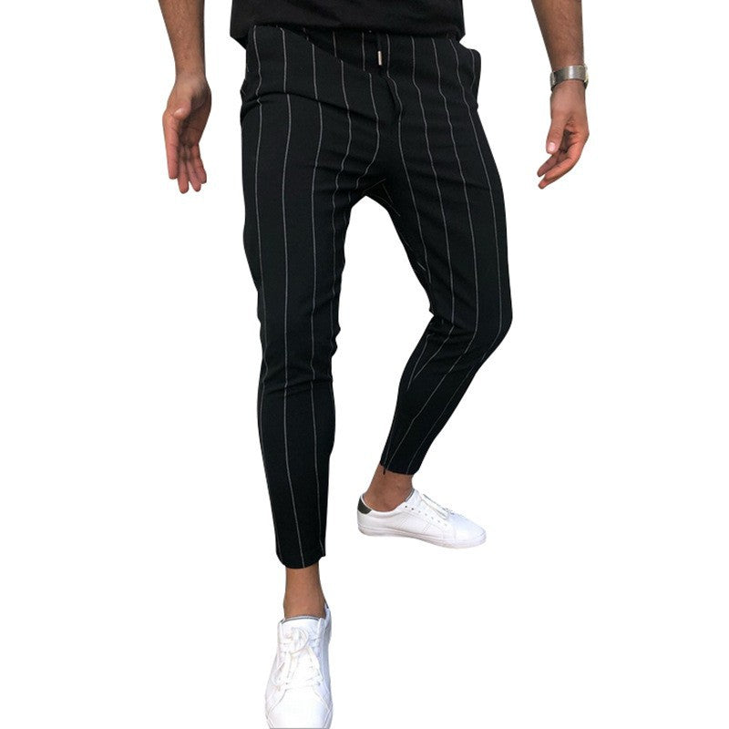 Men's Slim-Fit Cropped Chino Pants with Pinstripes and Elastic Waist Chichicherry