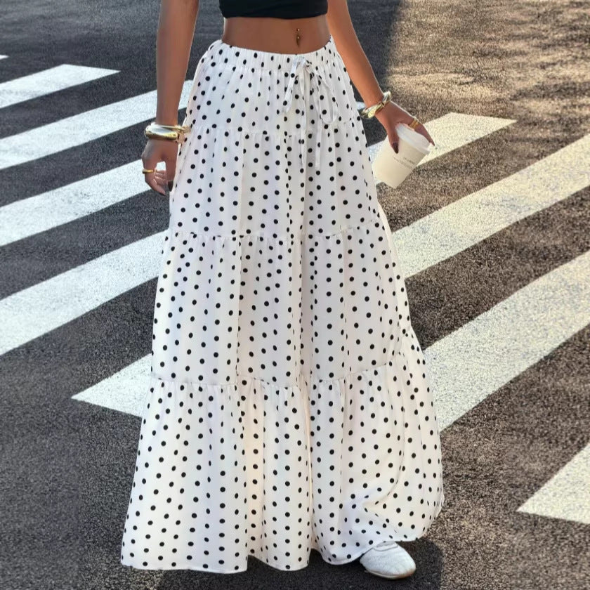 Women Striped Maxi Skirt with Elastic Waistband and Polka Dot Pattern Chichicherry