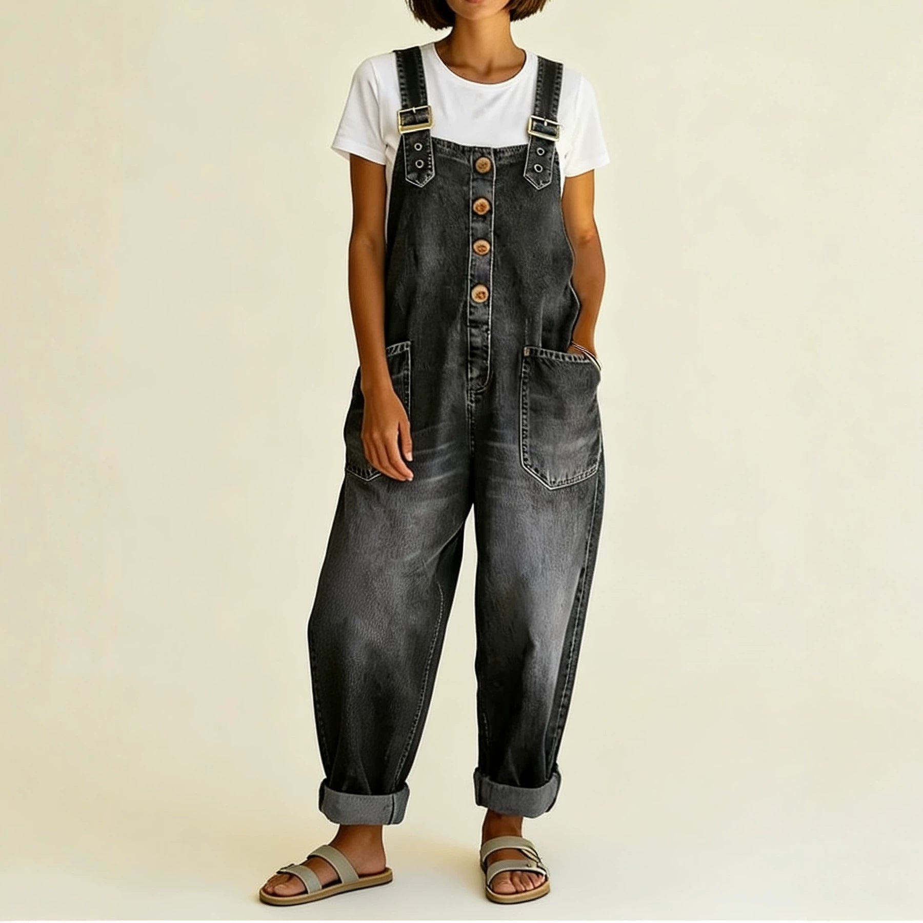 Damen Weite Denim-Latzhose mit Knopfleiste, verstellbaren Trägern und aufgesetzten Taschen Chichicherry