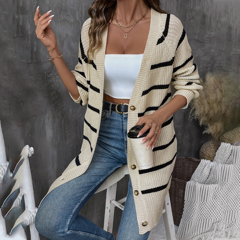 Women Long Oversize Cardigan with Ribbed Texture, Horizontal Stripes and Decorative Button Placket Chichicherry