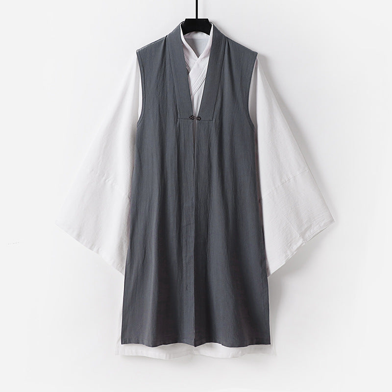 Men's Sleeveless Hanfu Vest with Open Front Cut and Decorative Toggle Closure Chichicherry