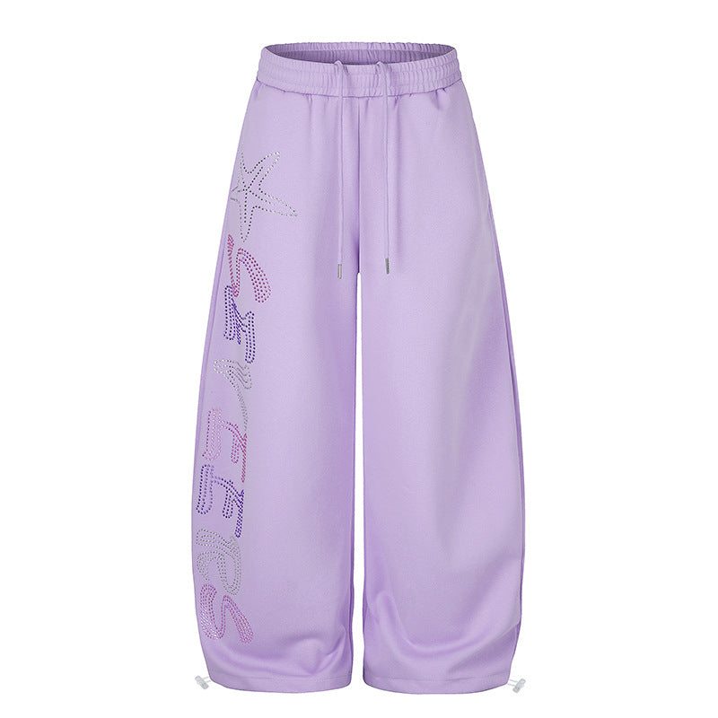 Women's Extra Wide Palazzo Jogger Pants with Drawstring Waistband, Adjustable Hem and Rhinestone Lettering Chichicherry
