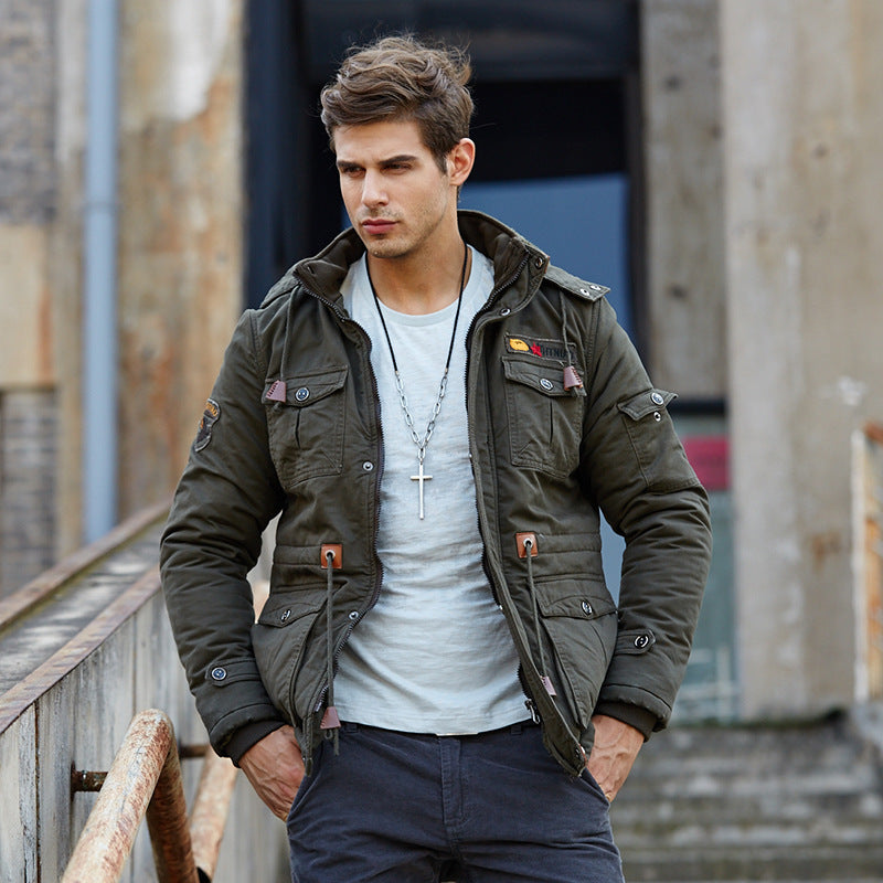 Men's field jacket in urban utility style with hood, flap pockets, and drawstring waist Chichicherry
