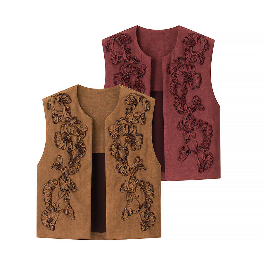 Ladies Embroidered Suede-Look Vest with Three-Dimensional Flower Appliqué Chichicherry